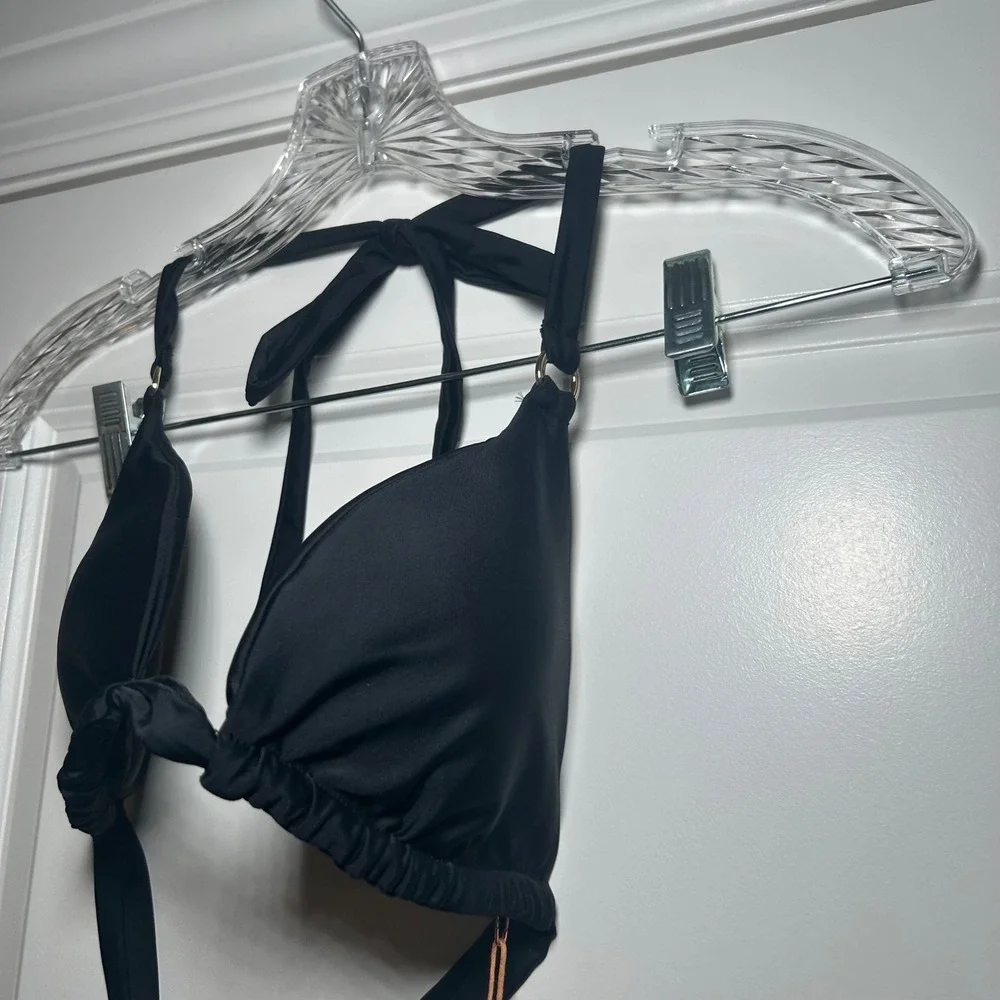 NWT Quince Black Recycled Polyamide Triangle Halter Bikini Top Gold Hardware M